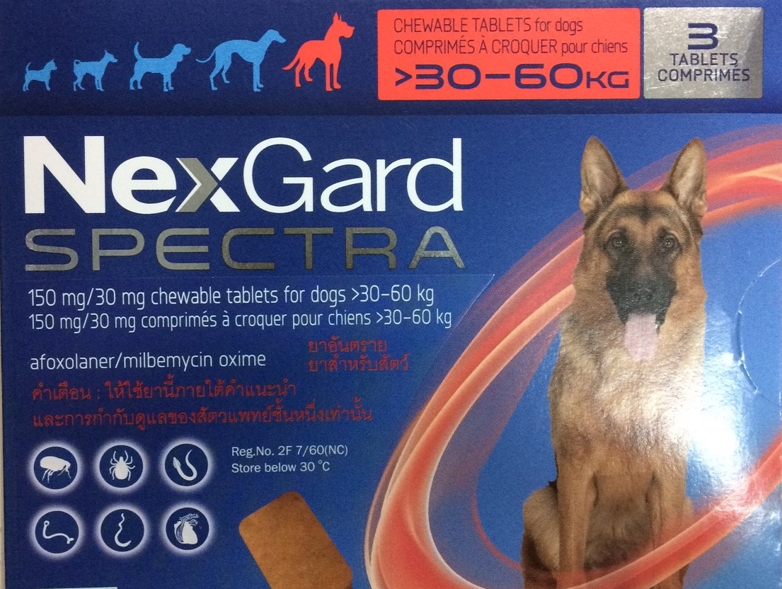 Nexgard Spectra dogชนิดเคี้ยวสำหรับสุนัข น้ำหนักมากกว่า30-60กิโลกรัม[3เม็ด/กล่อง]