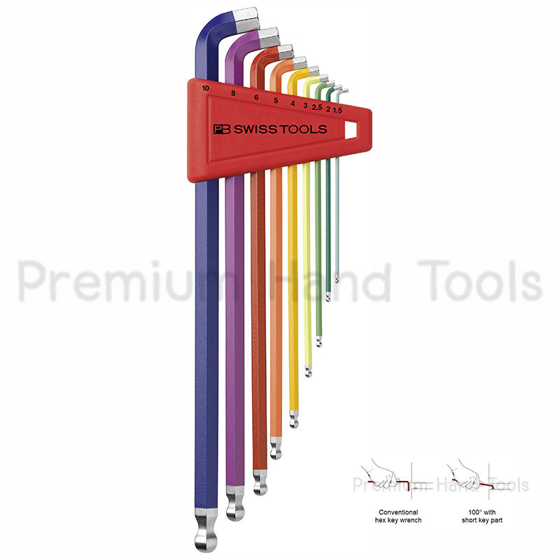 หกเหลี่ยมชุด PB Swiss Tools หัวบอล ยาว สีรุ้ง คอสั้น 100 องศา รุ่น PB 2212 LH-10 RB (9 ตัว/ชุด)