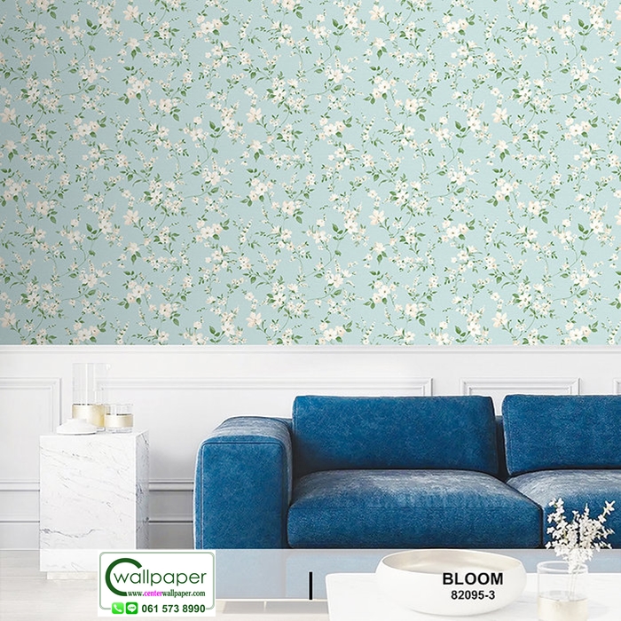 wallpaper ดอกไม้วินเทจสีขาวพื้นเขียว หน้ากว้าง No.82095-3