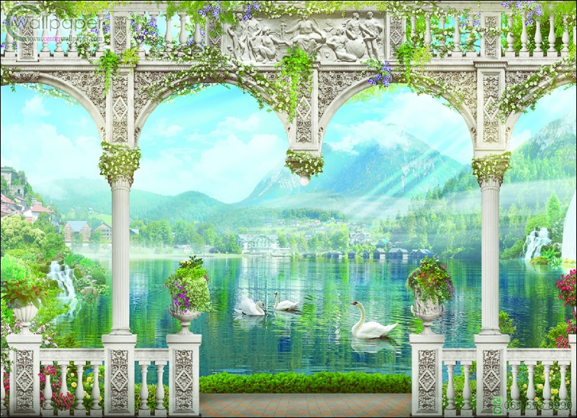 ภาพวิวสำเร็จรูป ภาพวาด ระเบียงริมน้ำมองเห็นภูเขา