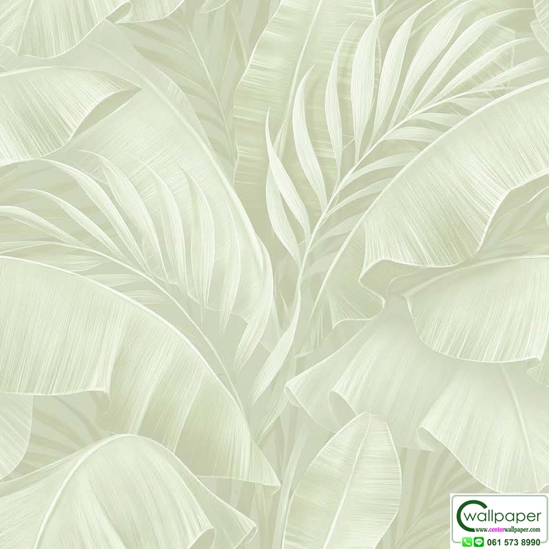 วอลเปเปอร์ลายใบไม้ทรอปิคอล สีเขียวอ่อน No.88657-1