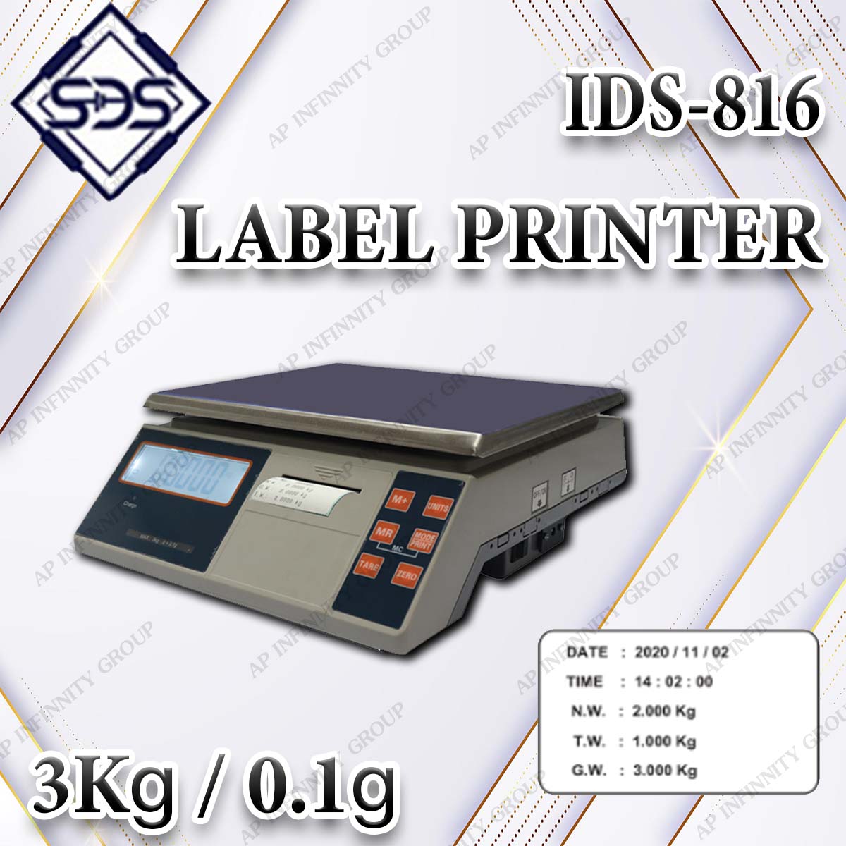 เครื่องชั่งดิจิตอลพร้อมปริ้นเตอร์ในตัว เครื่องชั่งดิจิตอล 3Kg ตาชั่งดิจิตอล 3Kg เครื่องชั่งน้ำหนักดิจิตอล 3Kg ตาชั่งน้ำหนักดิจิตอล 3Kg เครื่องชั่งพร้อมเครื่องปริ้นในตัว พิกัด 3Kg อ่านค่าความละเอียด 0.1g ยี่ห้อ SDS รุ่น IDS-816LB