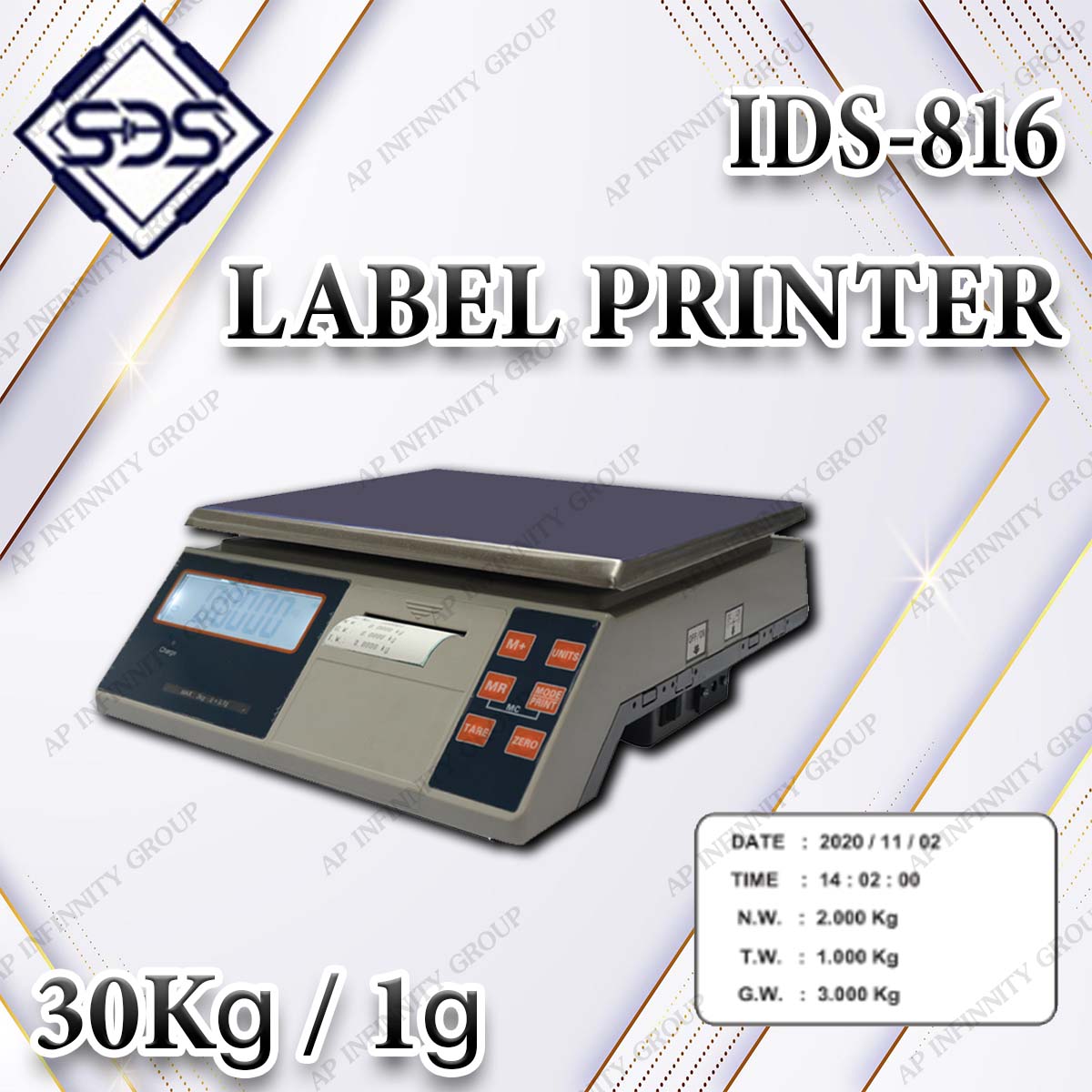 เครื่องชั่งดิจิตอลพร้อมปริ้นเตอร์ในตัว เครื่องชั่งดิจิตอล 30Kg ตาชั่งดิจิตอล 30Kg เครื่องชั่งน้ำหนักดิจิตอล 30Kg ตาชั่งน้ำหนักดิจิตอล 30Kg เครื่องชั่งพร้อมเครื่องปริ้นในตัว พิกัด 30Kg อ่านค่าความละเอียด 1g ยี่ห้อ SDS รุ่น IDS-816LB