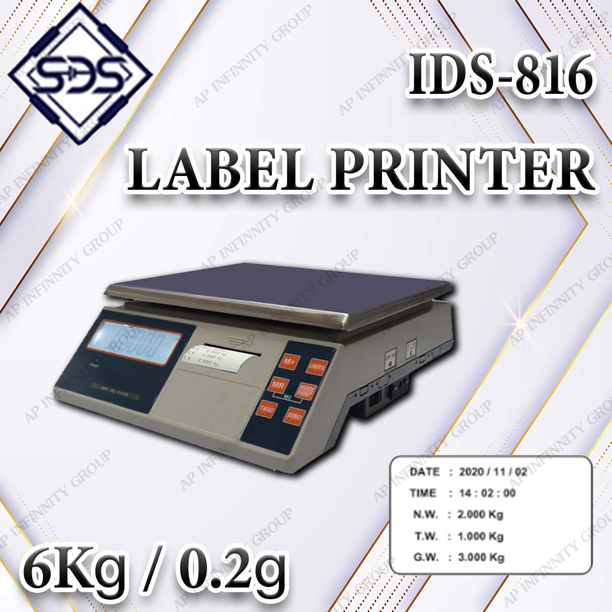 เครื่องชั่งดิจิตอลพร้อมปริ้นเตอร์ในตัว เครื่องชั่งดิจิตอล 6Kg ตาชั่งดิจิตอล 6Kg เครื่องชั่งน้ำหนักดิจิตอล 6Kg ตาชั่งน้ำหนักดิจิตอล 6Kg เครื่องชั่งพร้อมเครื่องปริ้นในตัว พิกัด 6Kg อ่านค่าความละเอียด 0.2g ยี่ห้อ SDS รุ่น IDS-816LB