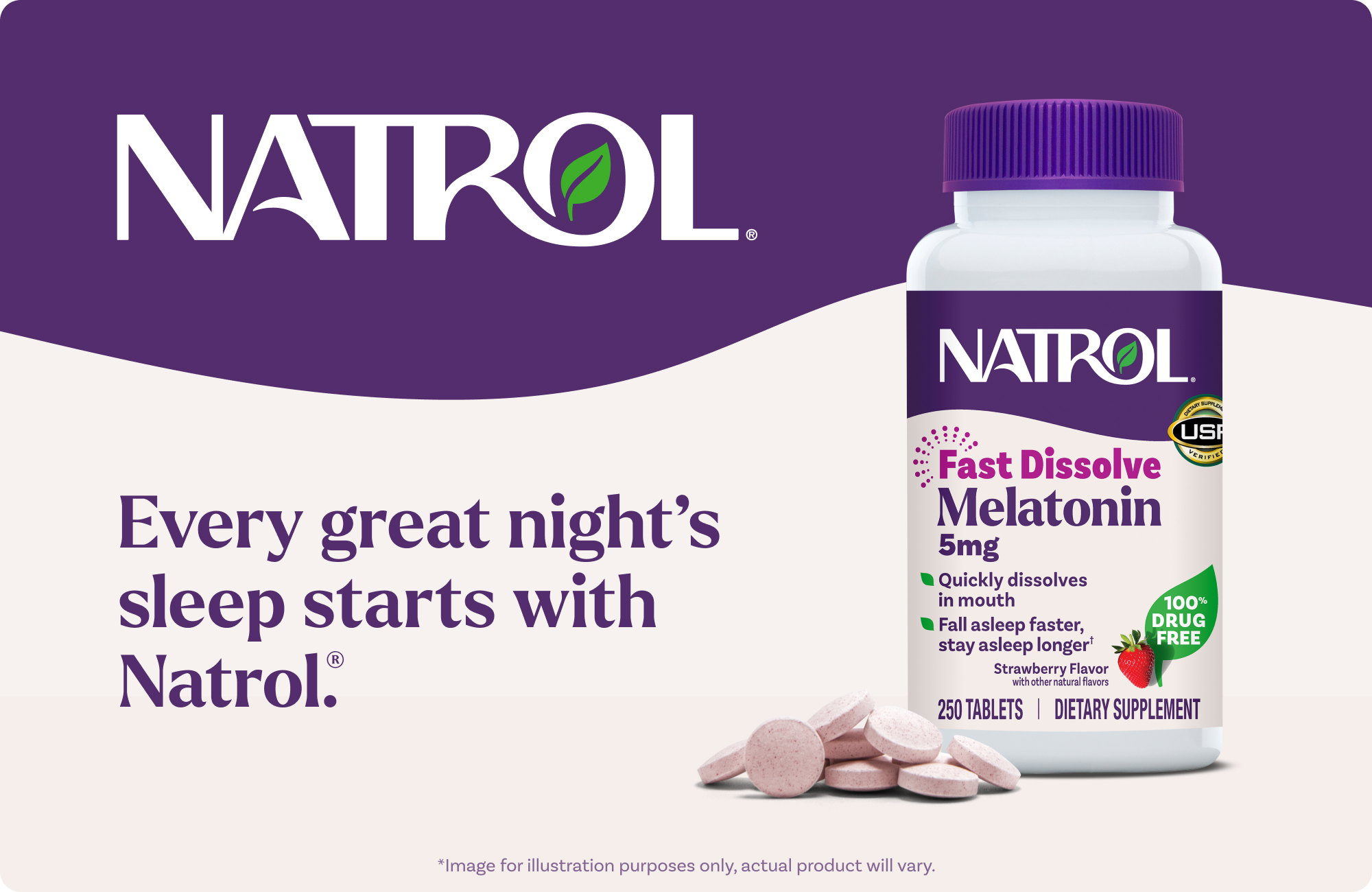 Natrol Melatonin Time Release Fast Dissolve 5 mg. (250 เม็ด) รสสตรอเบอร์รี่