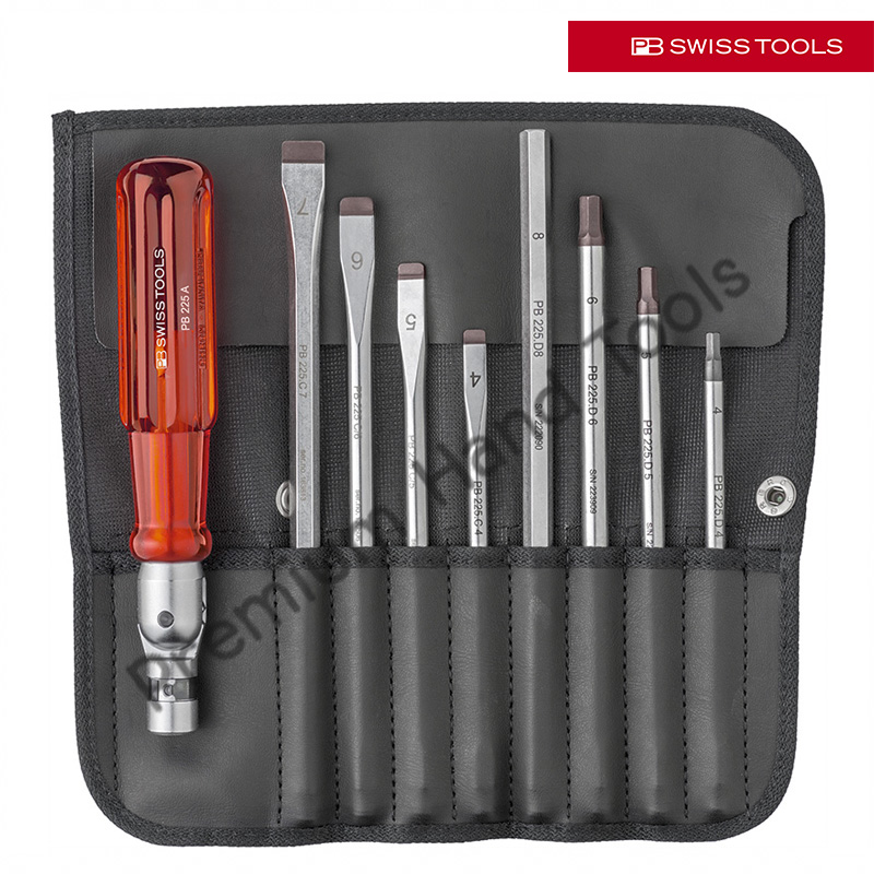 ไขควงชุดพิเศษ PB Swiss Tools รุ่น PB 225 ด้ามงอได้ พร้อมแกนปากแบน และหกเหลี่ยม (9 ตัว/ชุด)