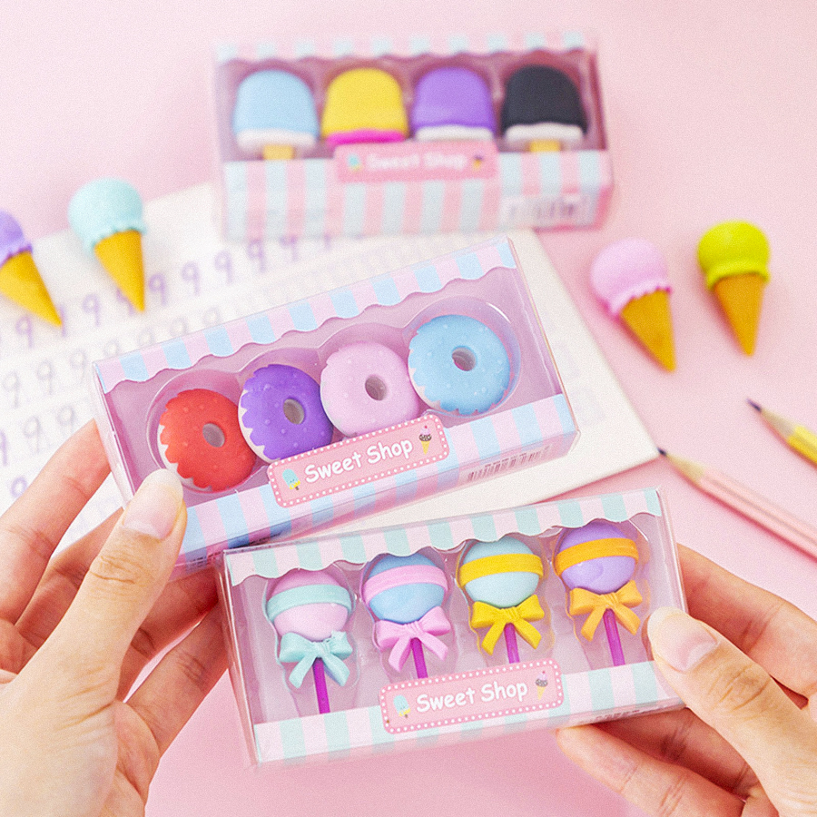 🎀 ยางลบ CANDY SET 🍭 1 กล่อง 4 ชิ้น🍩🍦ลายขนมหวานน่ารัก สีพาสเทลสดใส ของขวัญสุดคิ้วท์