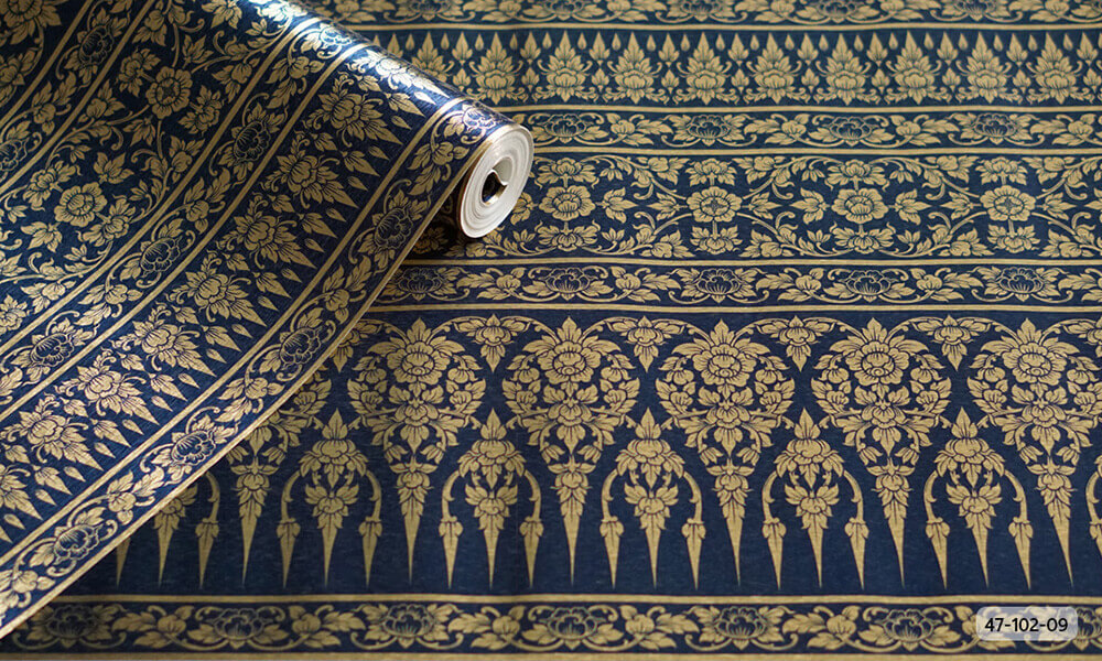 วอลเปเปอร์ติดผนังลายไทย ลายกรวยเชิงสีน้ำเงิน