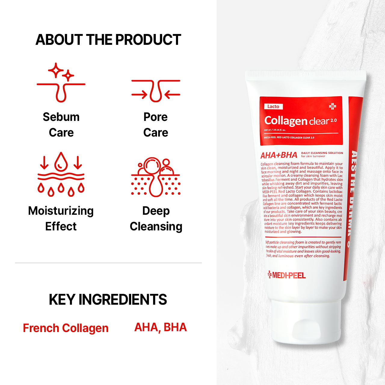 MEDI-PEEL Red Lacto Collagen Clear 2.0 AHA + BHA Cleansing Foam 300 ml.