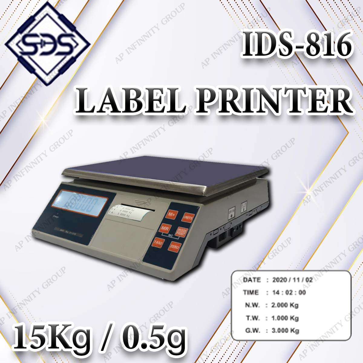 เครื่องชั่งดิจิตอลพร้อมปริ้นเตอร์ในตัว เครื่องชั่งดิจิตอล 15Kg ตาชั่งดิจิตอล 15Kg เครื่องชั่งน้ำหนักดิจิตอล 15Kg ตาชั่งน้ำหนักดิจิตอล 15Kg เครื่องชั่งพร้อมเครื่องปริ้นในตัว พิกัด 15Kg อ่านค่าความละเอียด 0.5g ยี่ห้อ SDS รุ่น IDS-816LB