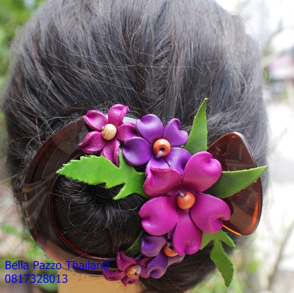 กิ๊บหลังเต่าดอกบีบ หนังแท้ทำมือ แฮนด์เมด Leather Flower Handmade