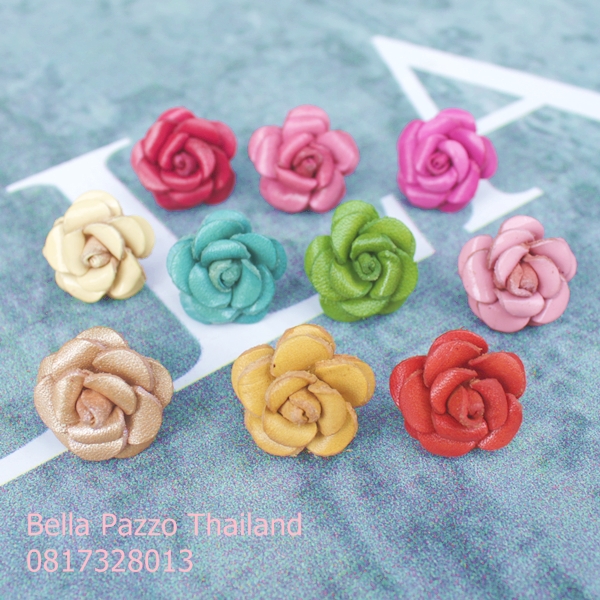 ต่างหูกุหลาบหนัง 2cm. หนังแท้ทำมือ 5 แฮนด์เมด Leather flower, handmade, earrings, handicraft