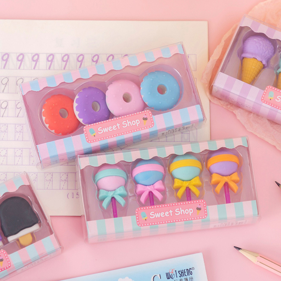 🎀 ยางลบ CANDY SET 🍭 1 กล่อง 4 ชิ้น🍩🍦ลายขนมหวานน่ารัก สีพาสเทลสดใส ของขวัญสุดคิ้วท์