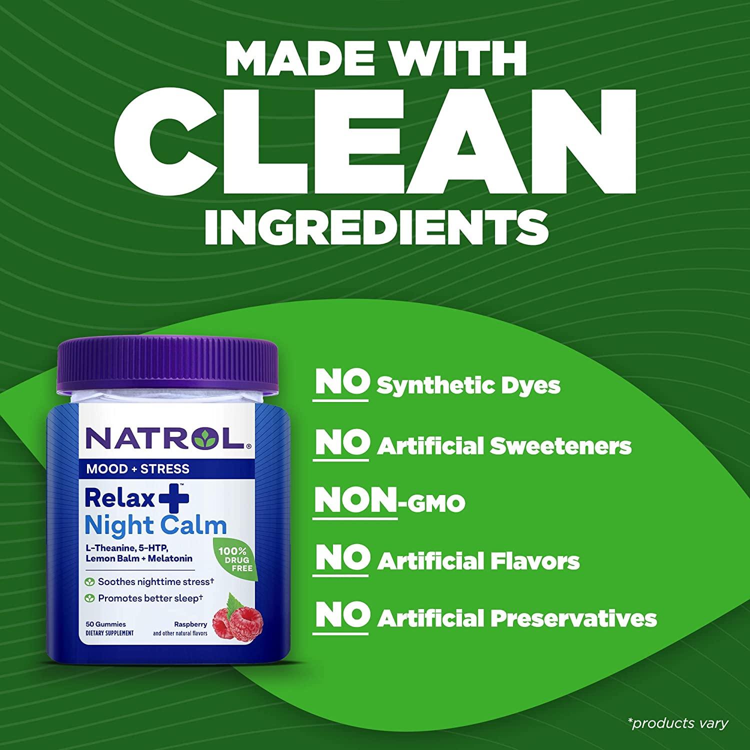Natrol Relax+ Night Calm Daily Stress Relief Gummies 50 Gummies #Raspberry