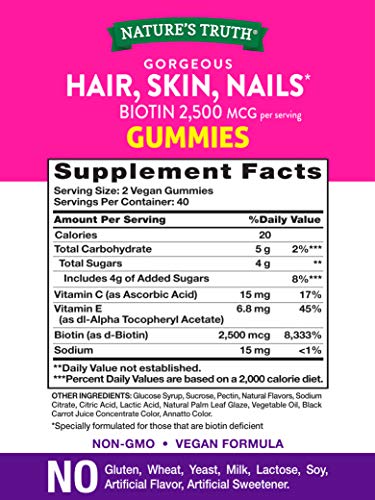 Nature's Truth Gorgeous Hair, Skin & Nails Gummies with Biotin 2500 mcg. 80 Gummies