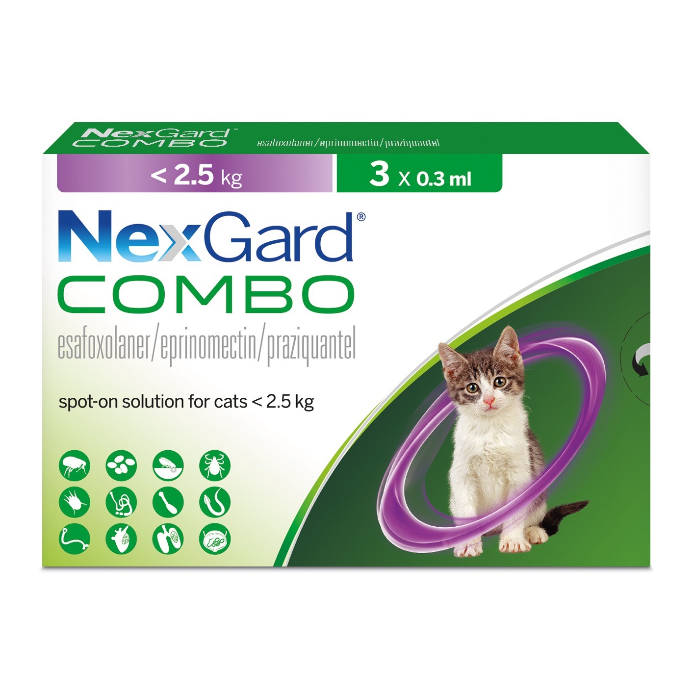 NexGard COMBO spot-on solution for cats <2.5kg เน็กการ์ด คอมโบ หยดหลังกำจัดเห็บ หมัด พยาธิภายใน สำหรับแมว1กล่องมี3หลอด