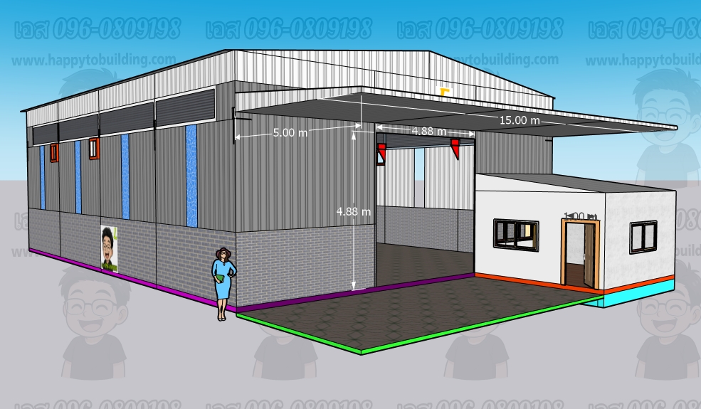 งานสร้างโรงงานพร้อมสำนักงานสำเร็จรูป HW-HC 15*20*6.8ม.มีหูช้าง 10อันแนวกว้างBay 5,ม.*5ช่อง ลึกBay5ม.*5ช่องไม่รวมงานฐานรากพื้น