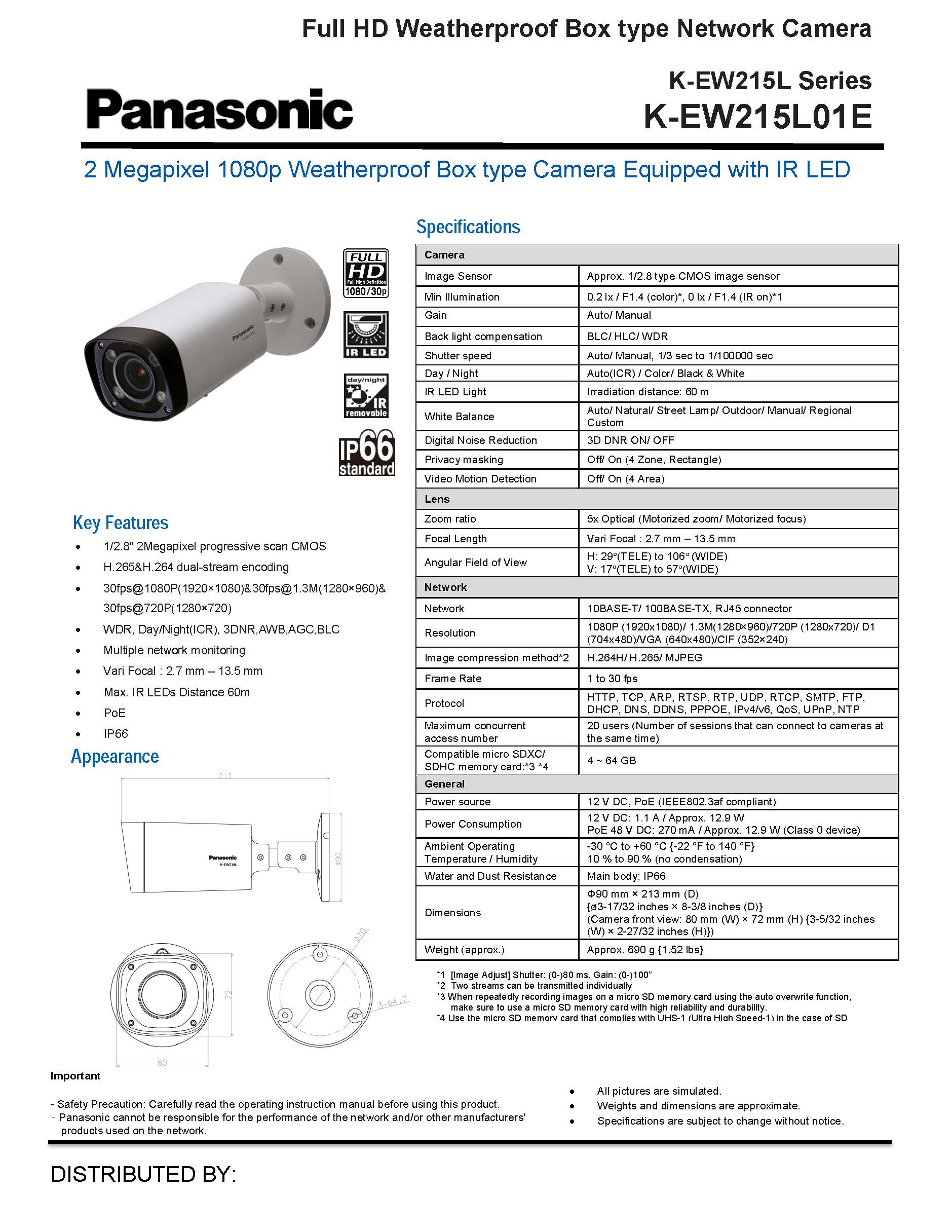 K-EW215L01E H.265 Weatherproof, FHD, Lens 2.7-13.3 mm, 12VDC/PoE PANASONIC