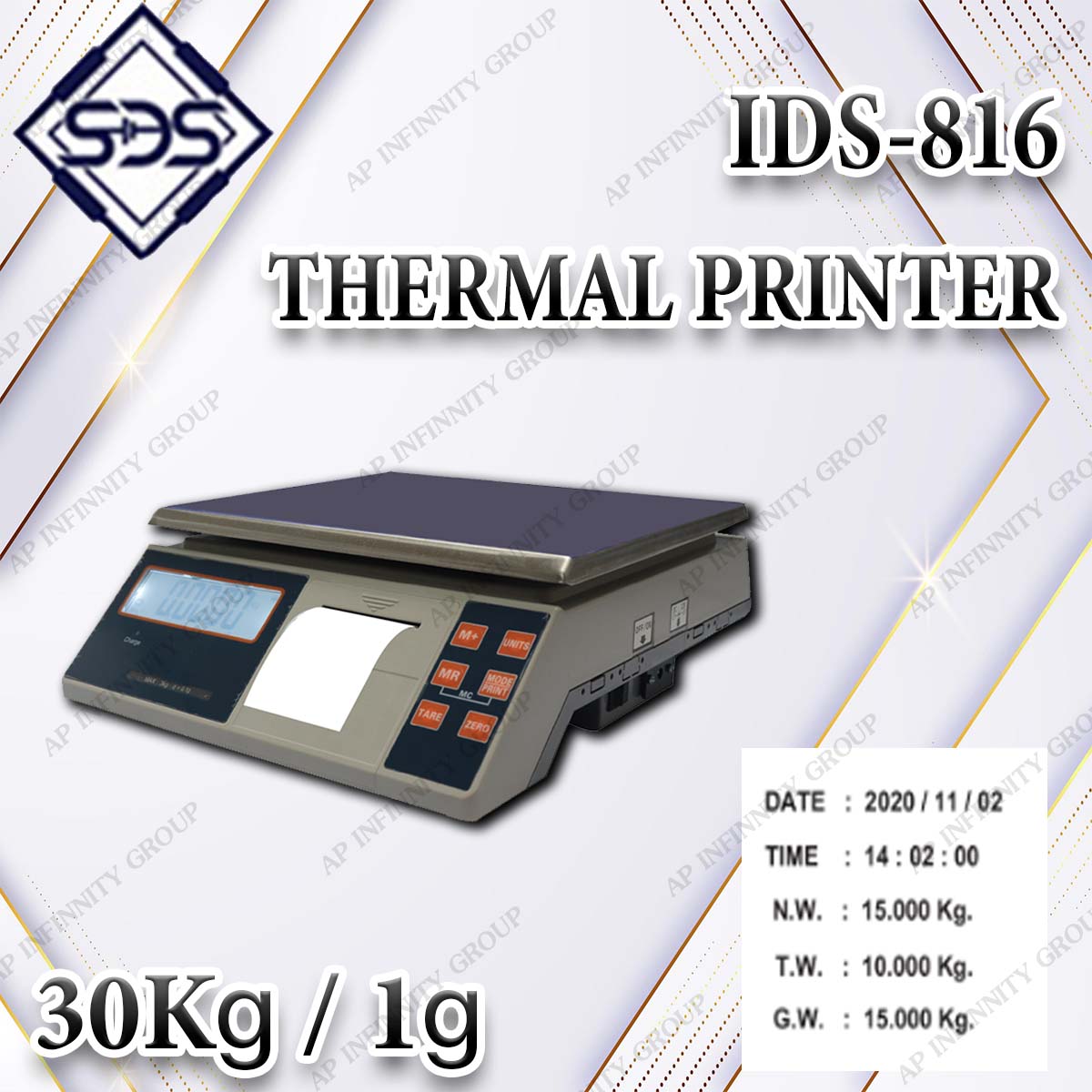 เครื่องชั่งดิจิตอลพร้อมปริ้นเตอร์ในตัว เครื่องชั่งดิจิตอล 30Kg ตาชั่งดิจิตอล 30Kg เครื่องชั่งน้ำหนักดิจิตอล 30Kg ตาชั่งน้ำหนักดิจิตอล 30Kg เครื่องชั่งพร้อมเครื่องปริ้นในตัว พิกัด 30Kg อ่านค่าความละเอียด 1g ยี่ห้อ SDS รุ่น IDS-816TM