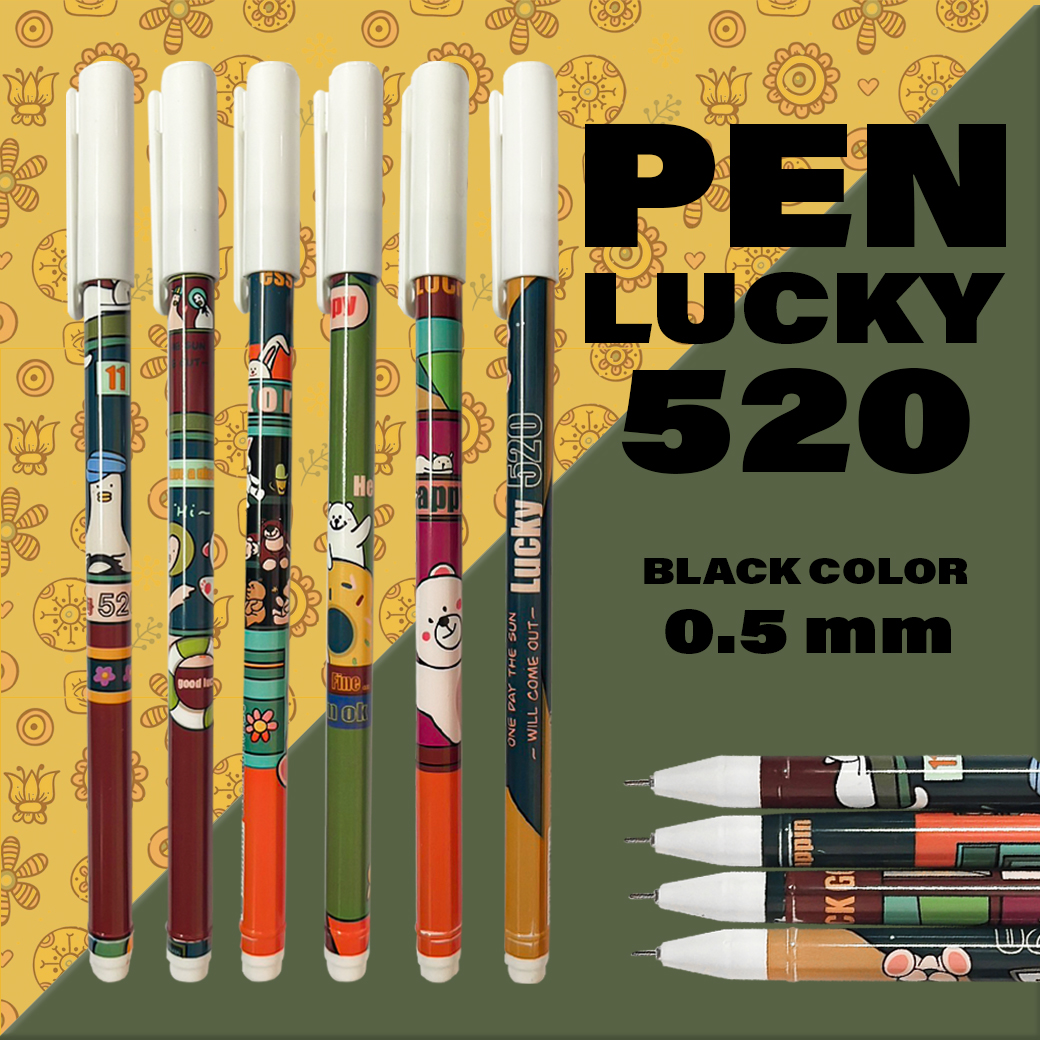 🌈ปากกาเจลดำ🌈ลายการ์ตูน Lucky 520 ⚫ไส้สีดำ 0.5 ด้ามละ 3 บาท✔️พร้อมส่งOhwowshop หลากสี ปากกาเจล เครื่องเขียน