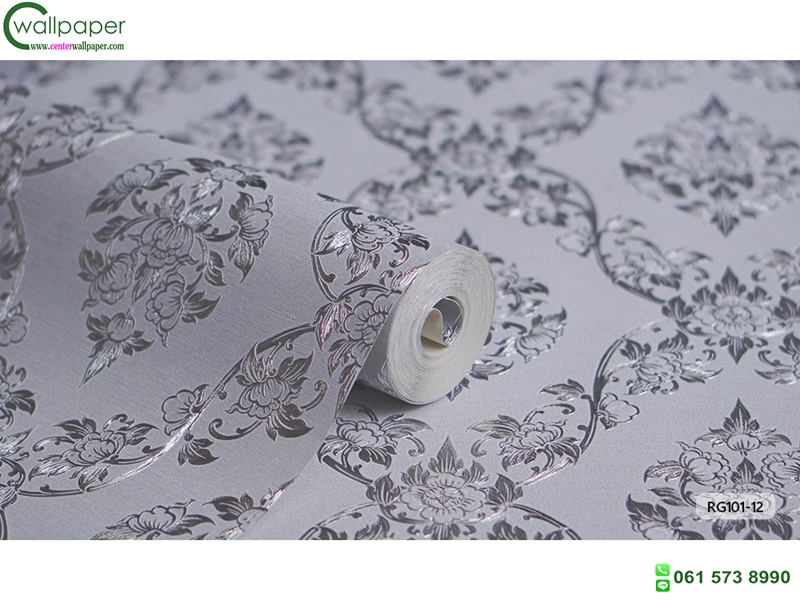 wallpaper ลายไทย ดอกพุดตาล สีเงิน