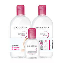Triple Pack Bioderma Sensibio (Crealine) H2O 500 ml. ขวดชมพู x 2 ขวด + ขวดพกพา 100 ml. 1 ขวด