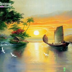 ภาพวิววาด ทะเลทอแสง พระอาทิตย์พลบค่ำ