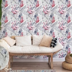 วอลเปเปอร์ติดผนังลายฟลามิงโก้ พื้นสีเทา