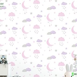 วอลเปเปอร์ลายก้อนเมฆ ดวงจันทร์ สีชมพูม่วง