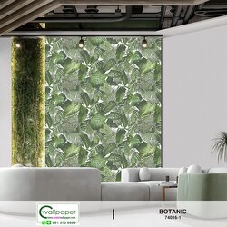วอลเปเปอร์ลายใบไม้ทรอปิคอล สีเขียวพื้นสีขาว No.74016-1