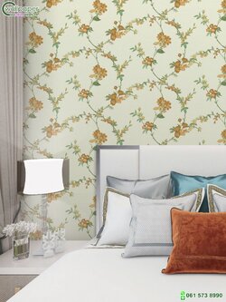 วอลเปเปอร์ลายดอกไม้สีส้ม พื้นหลังสีเขียว แท็กเจอร์ผ้า