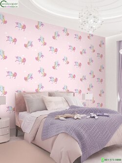 วอลเปเปอร์หน้ากว้าง 1 เมตร ลายม้ายูนิคอร์น พื้นหลังสีชมพู