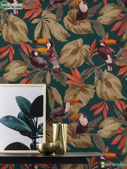 วอลเปเปอร์ติดผนังลายนก ใบไม้ Tropical wallpaper