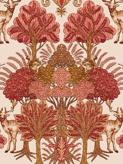 วอลเปเปอร์ลายต้นไม้ กวางนกกระรอก พื้นสีน้ำตาลส้ม