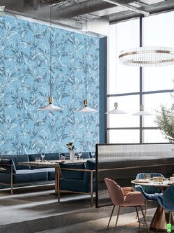 วอลเปเปอร์ห้องครัว ลายใบไม้ทรอปปิคอลสีฟ้า
