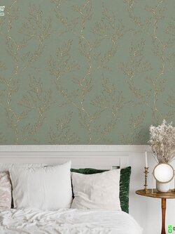 วอลเปเปอร์ติดผนังลายใบไม้กิ่งไม้ สีทองพื้นหลังสีเขียว