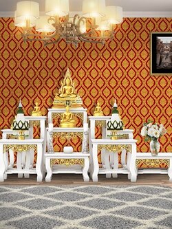 วอลเปเปอร์ลายไทยราคาถูกลายบัวไทยพื้นแดง