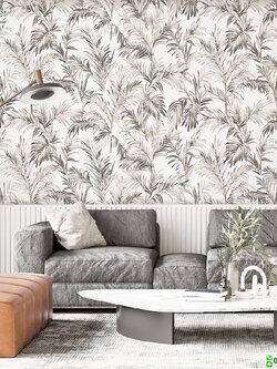วอลเปเปอร์ห้องนั่งเล่น ลายใบไม้ทรอปปิคอลสีเทา