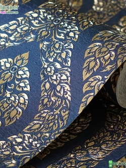 wallpaper ลายไทย ลายพุ่มข้าวบิณฑ์ สีน้ำเงิน-ทอง