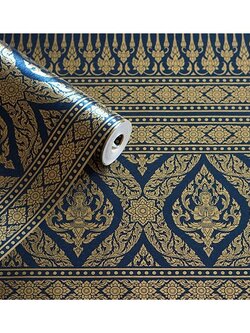 วอลเปเปอร์ติดผนังลายไทย ลายกรวยเชิงสีน้ำเงิน