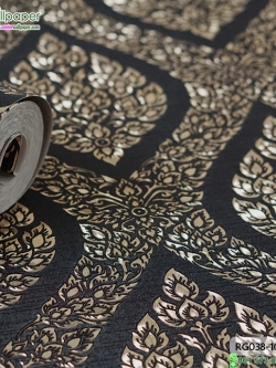 wallpaper ลายไทย ลายพุ่มข้าวบิณฑ์ สีดำ-ทอง