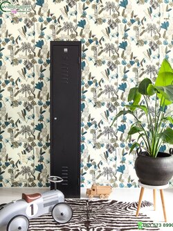 วอลเปเปอร์ห้องนั่งเล่น ลายเสือดาว ใบไม้สีเขียวฟ้า