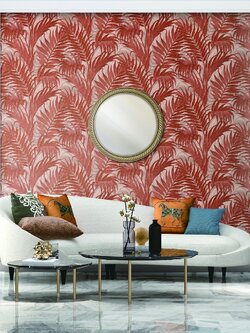 วอลเปเปอร์ติดผนังลายใบไม้ สีส้มแท็กเจอร์ผ้าปัก