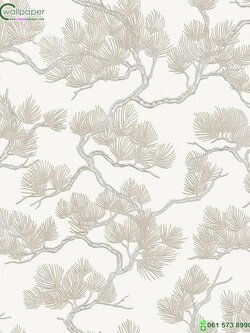 วอลเปเปอร์แท็กเจอร์เนื้อผ้า ลายใบไม้สีครีม พื้นหลังสีขาว