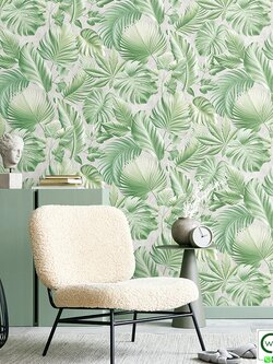 วอลเปเปอร์ลายใบไม้ทรอปิคอล สีเขียวพื้นสีเทาอ่อน No.52524-3