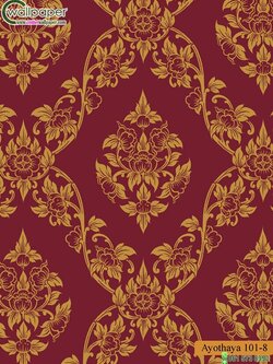 วอลเปเปอร์ลายไทยห้องพระ ลายพุดตานสีแดง