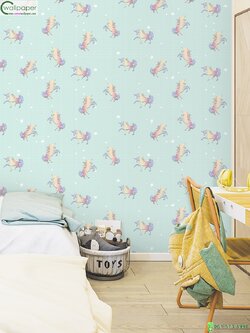 วอลเปเปอร์หน้ากว้าง 1 เมตร ลายม้ายูนิคอร์น พื้นหลังสีฟ้าเขียว