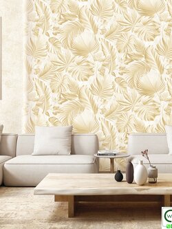 วอลเปเปอร์ลายใบไม้ทรอปิคอล สีครีมทอง No.52524-2