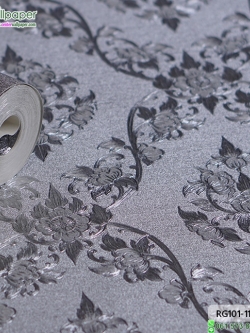 wallpaper ลายไทย ดอกพุดตาล สีเงิน-เทา