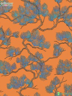 วอลเปเปอร์แท็กเจอร์เนื้อผ้า ลายใบไม้สีฟ้า พื้นหลังสีส้ม